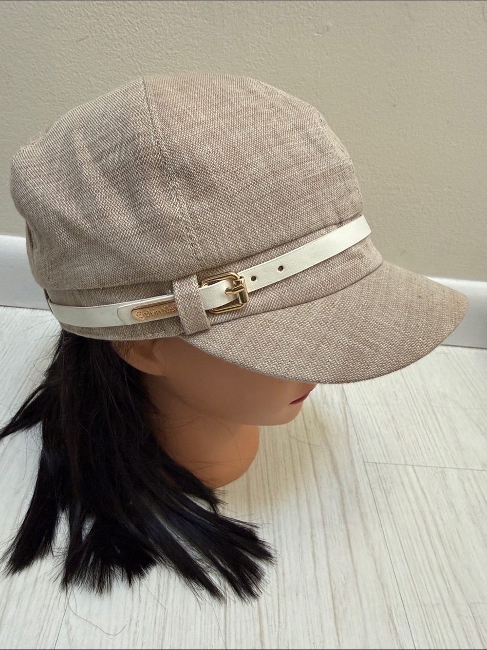 Calvin Klein Beige Linen-Blend Newsboy Cabbie Cap Beret Hat